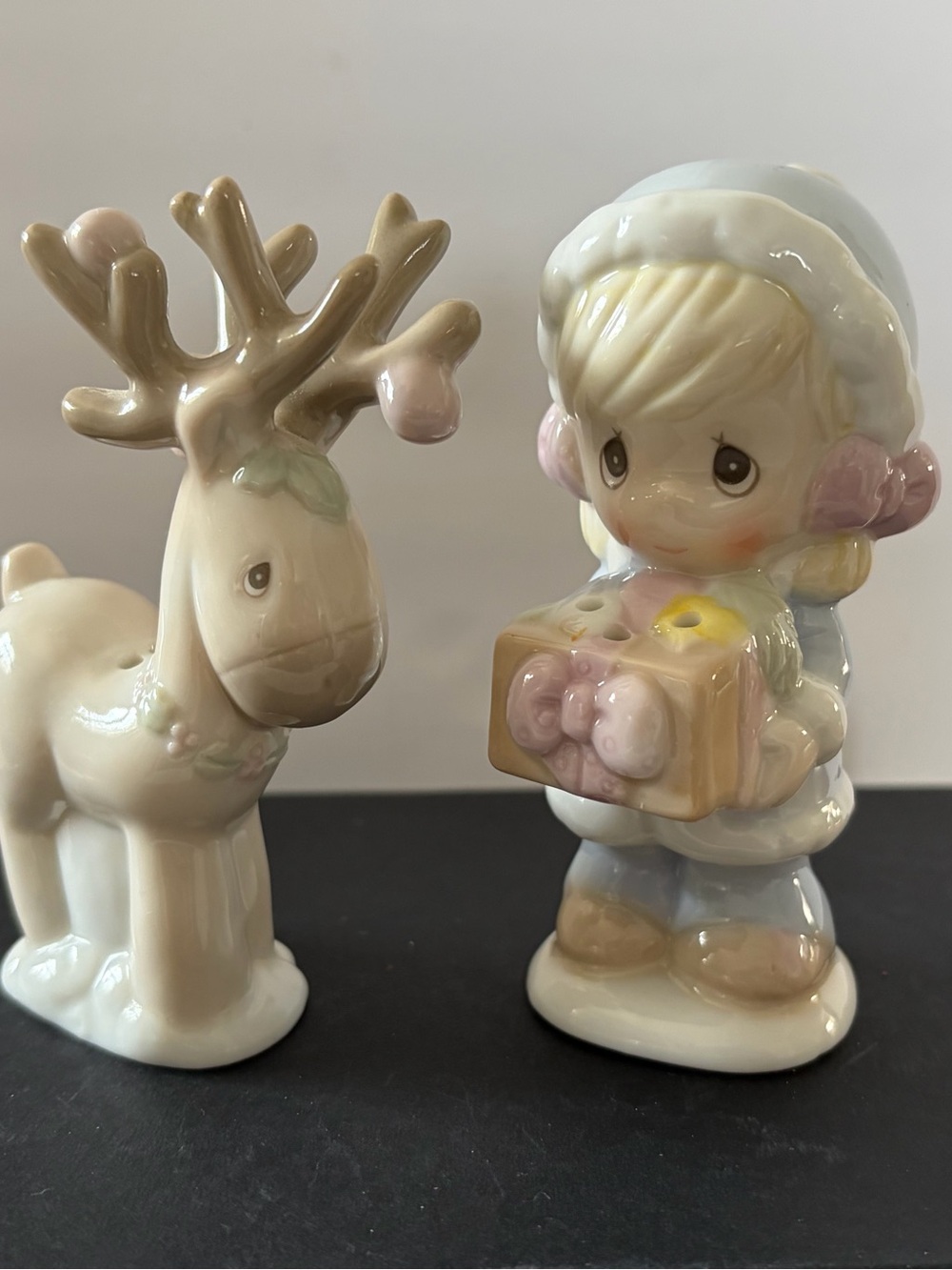 1994 “Precious Moments Girl with Ornaments Reindeer”  Salt & Pepper  340758